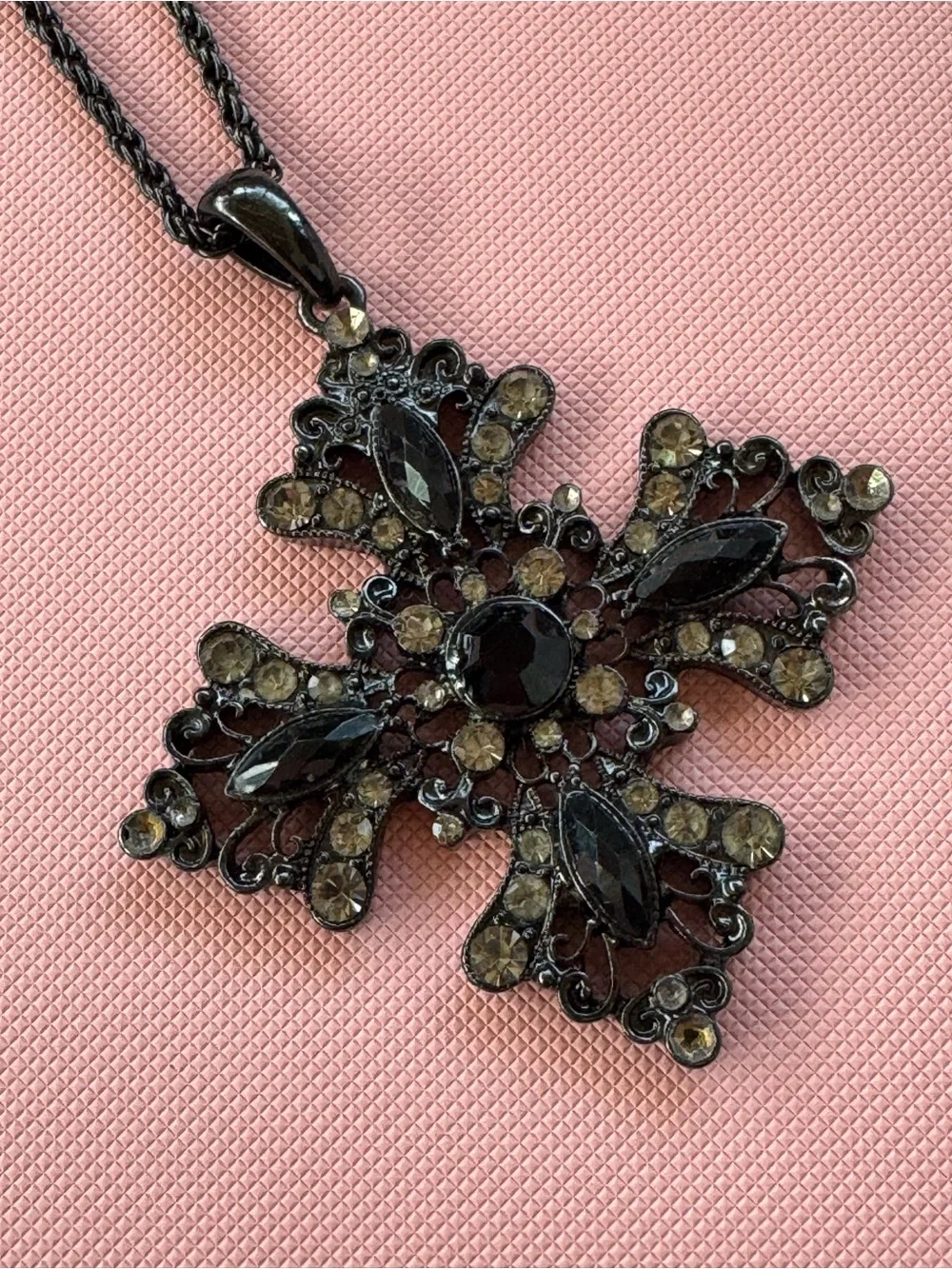 Black Crystal-like Jeweled Cross Pendant Necklace Chain. 15 inch Costume Jewelry